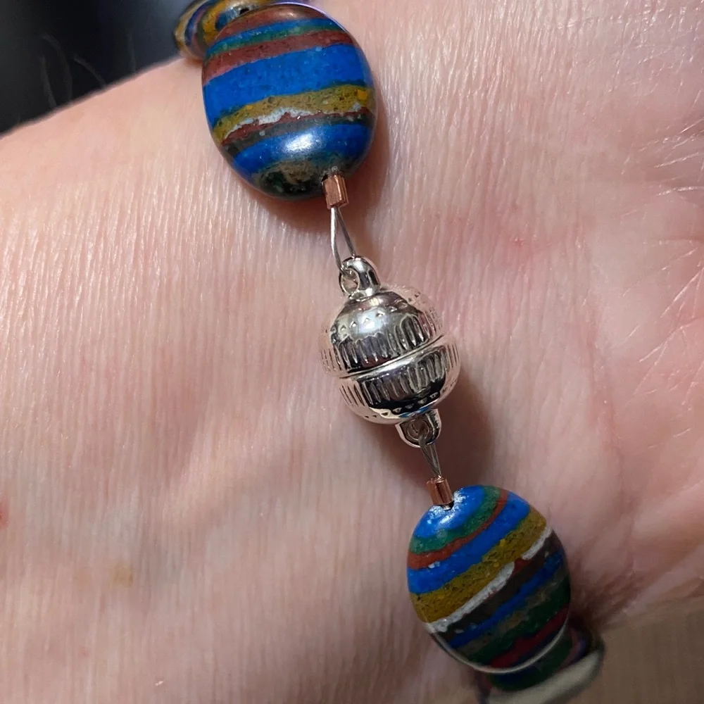 Natural genuine Rainbow Calsillica gemstone artisan Beaded 7.5” Bracelet